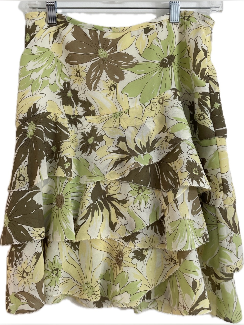 LOFT Floral Tiered Ruffle Skirt in Yellow, Green and Brown
